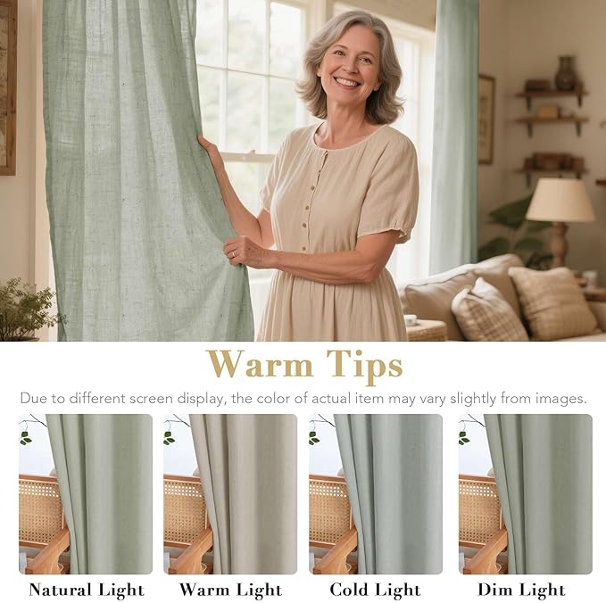 H.VERSAILTEX Living Room Linen Curtains - Semi Sheer, Nickel Grommet Energy Saving Light Filtering Window Treatments Panels for Bedroom, Sea Grass, 2 Panels, 52 x 54 - Inch