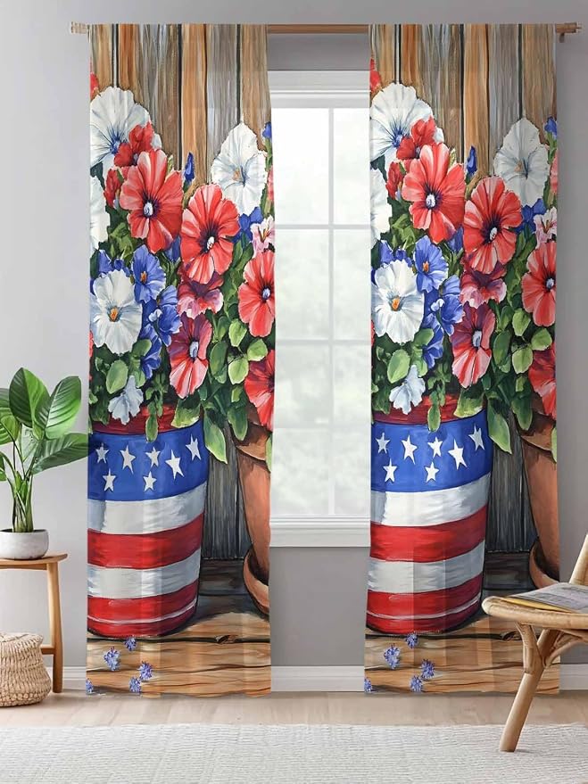 Sheer Curtains 96 Inches Long, Retro Independence Day Flag Wood Grain Privacy - Image 5