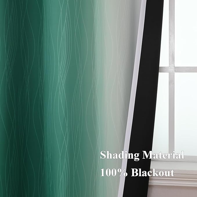 Estelar Textiler Green and Greyish White Blackout Curtains for Kids Room, Full Room Darkening Grommet Ombre Curtains for Bedroom, Thermal Insulated Light Blocking Gradient Drapes, 52Wx63L, 2 Panels