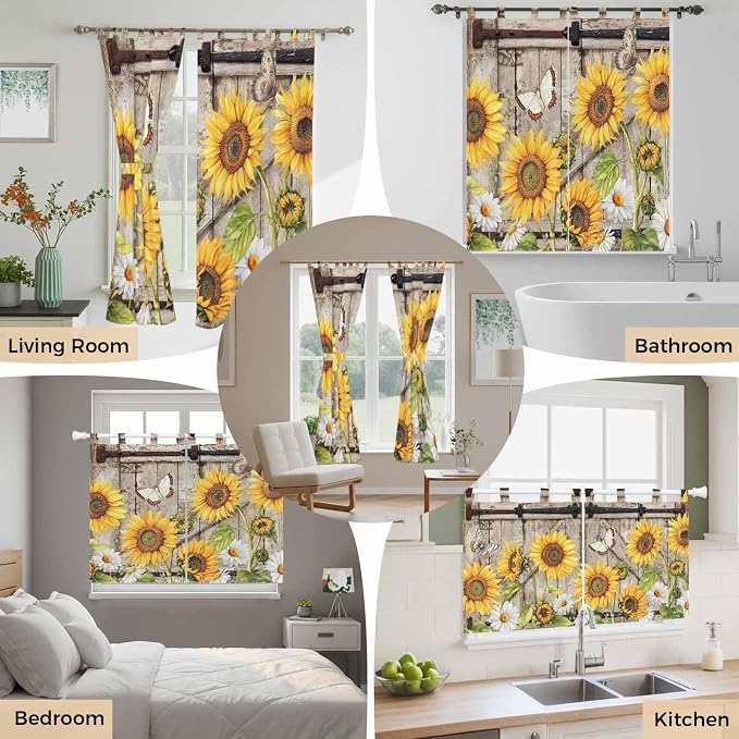 Farmhouse Sunflowers Kitchen Curtains 24 Inch Length, Small Window Curtains Tab - Image 7