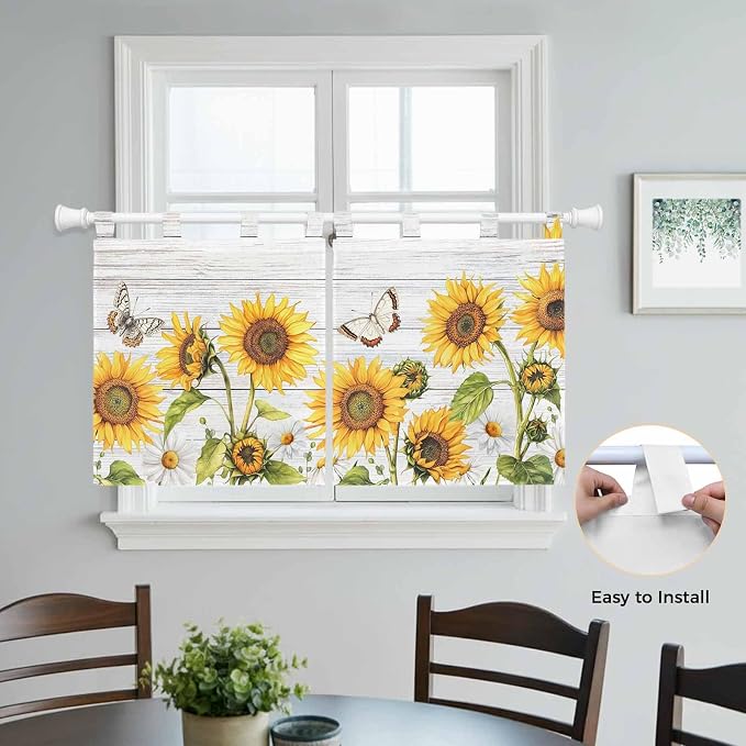 Yellow Sunflowers Kitchen Curtains 36 Inch Length, Small Window Curtains Tab Top - Image 4