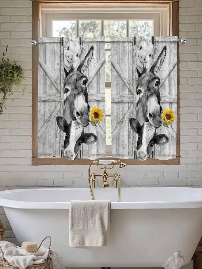 Grey Farmhouse Tier Curtains 45 Inches Long, Vintage Sunflowers Animals Printed - Image 7