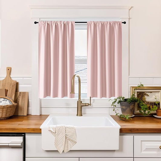 RYB HOME 100% Blackout Short Curtains for Small Window, Thermal Insulated Total Room Darkening Noise Reducing Curtains for Kitchen Bathroom Basement, 42 inches Wide by 45 inches Long, Baby Pink