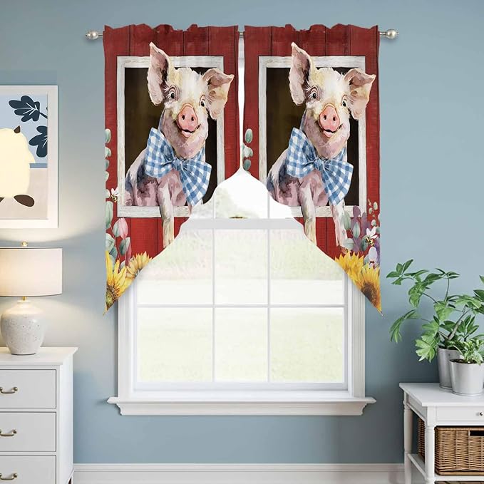 Pig Sunflowers Swag Valances for Windows, Eucalyptus Leaves Floral Bees Red - Image 6