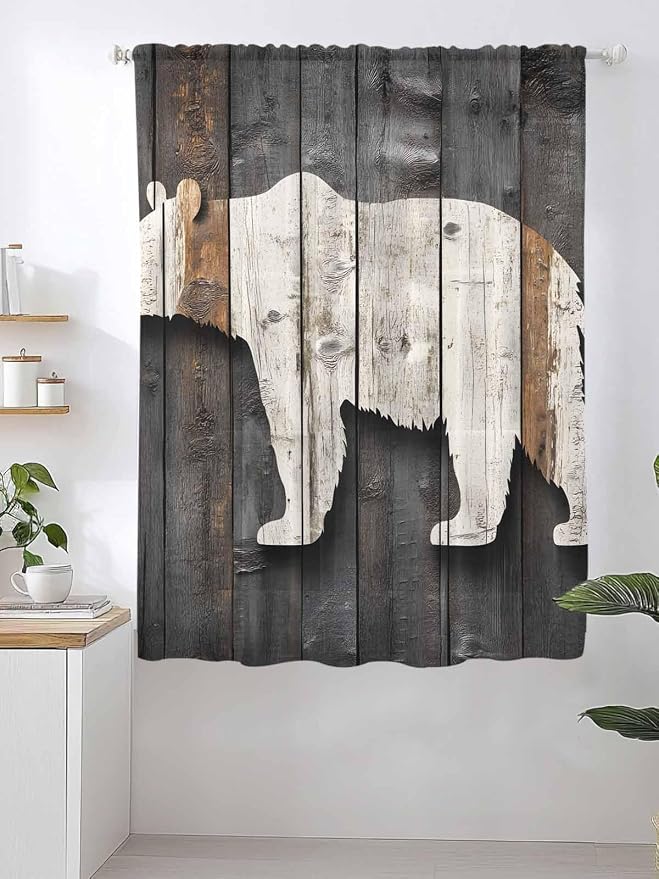 Sheer Curtains 63 Inch Length, Vintage White Brown Bear Semi Sheer Curtains - Image 2