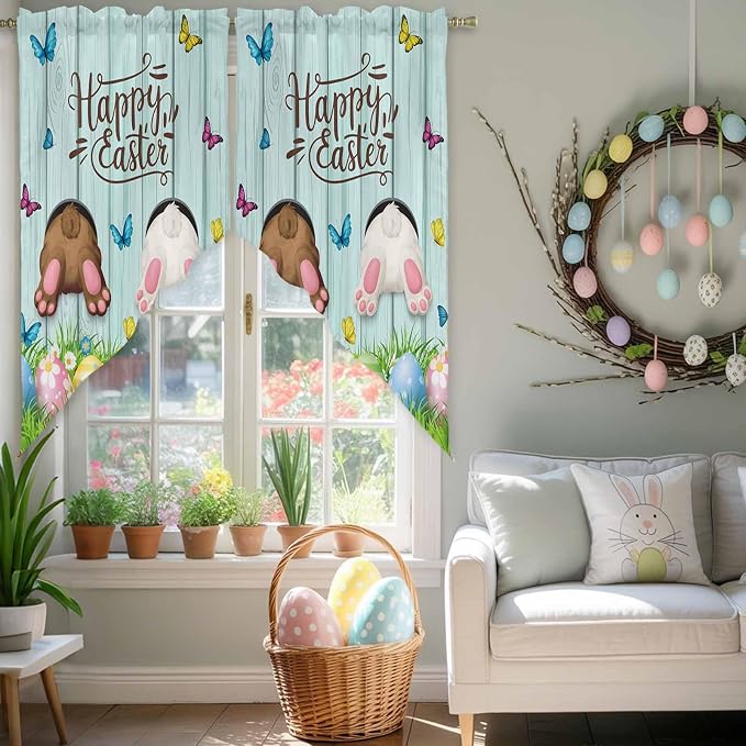 Swag Curtain Valances for Kitchen Windows, Happy Easter Bunny Butt Egg Floral - Image 5