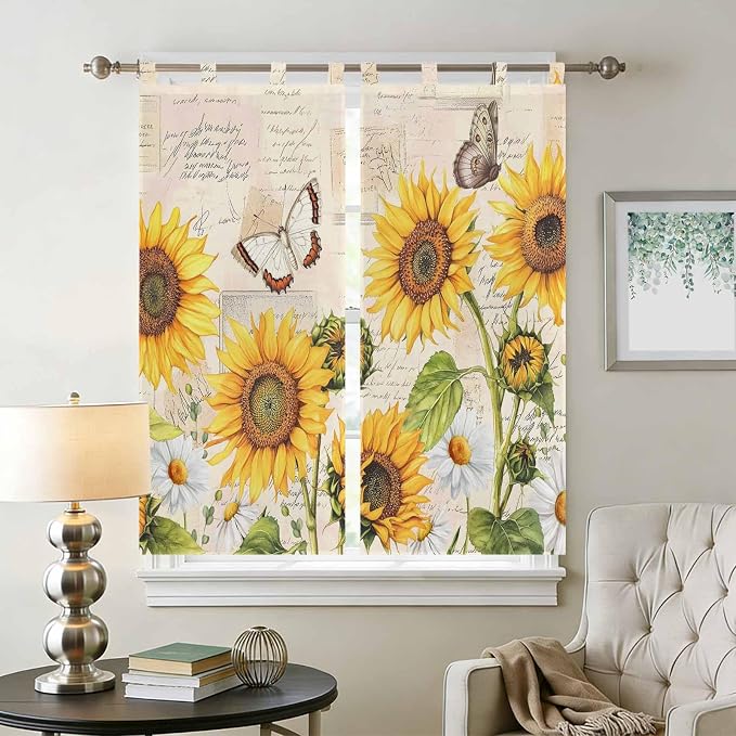 Yellow Sunflowers Bathroom Curtains 63 Inch Length, Window Curtains Tab Top - Image 2