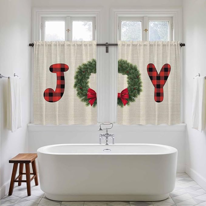 Red Green Christmas Kitchen Curtains 45 Inch Long 2 Panel Set, Rod Pocket - Image 5