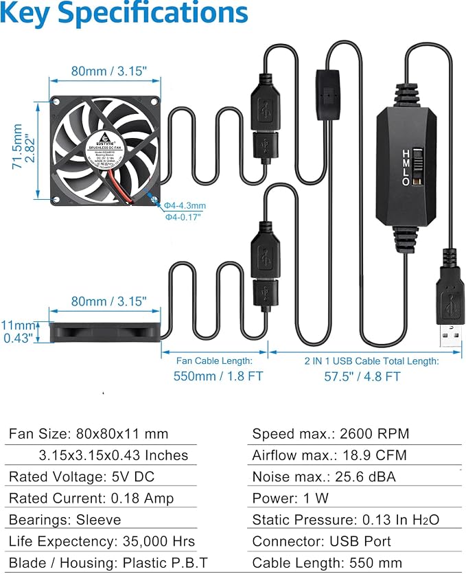 GDSTIME Dual 80mm x 10mm USB Fan - Image 5