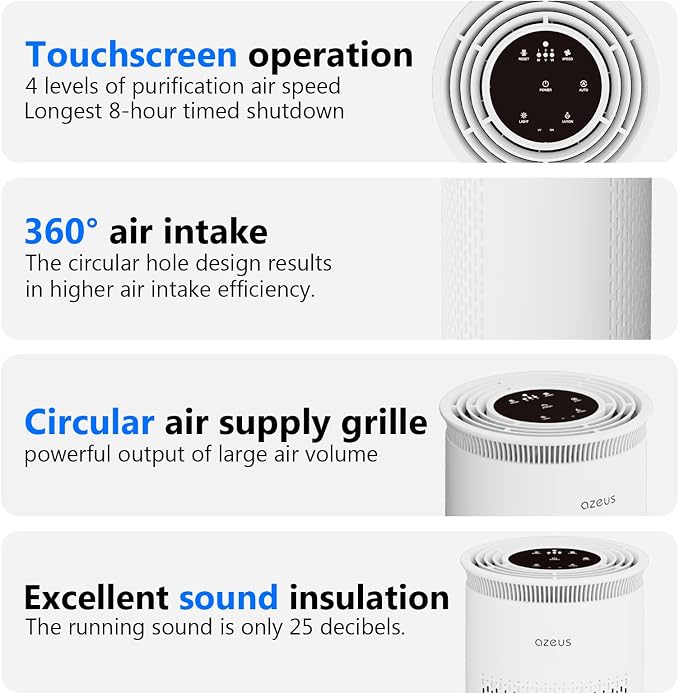 Azeus Air Purifier for Large Rooms, 25db Filtration System Cleaner Odor - Image 3