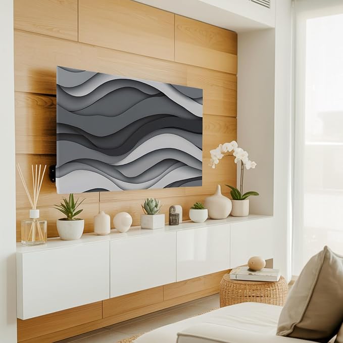 Black Grey White Abstract Waves Indoor TV Cover, Elastic TV Screen Protector - Image 2