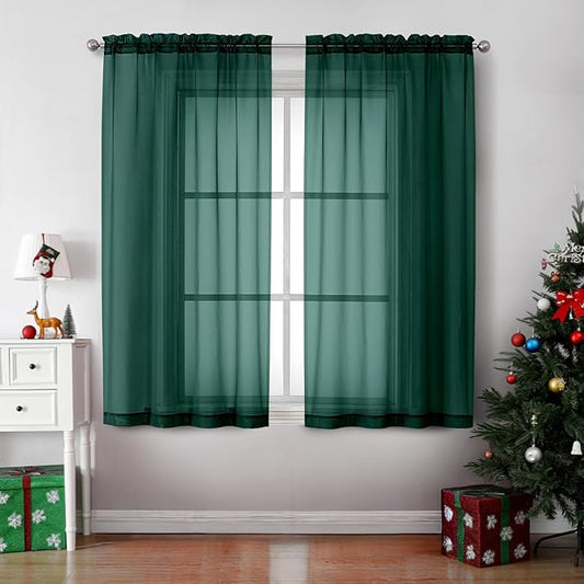 OVZME Hunter Green Sheer Curtains 63 Inches Long 2 Panels - Soft Light Filtering Window Sheer Panels for Living Room/Bedroom, Top Dual Rod Pocket, 1 Pair, Each 42Wx63L Inches