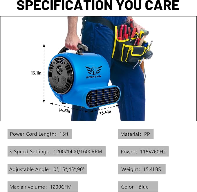 Air Mover Blower Fan, Industrial 1/3HP 1200CFM Monster Floor Blower Carpet - Image 2