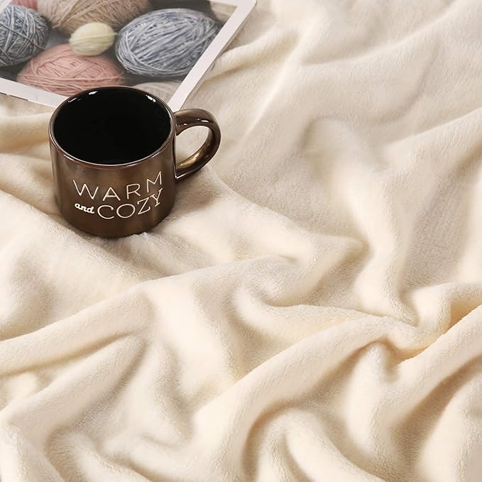 TASTHROW Large Flannel Fleece Throw Blanket, 50×70 Inch - Cozy Lightweight Thick Blanket - All Seasons Suitable for Women, Men and Kids (Creamwhite)