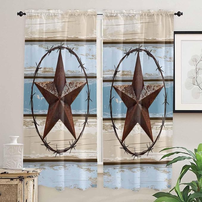 Vintage Western Star on Wood Grain Window Valance Curtains, Retro Wooden - Image 7