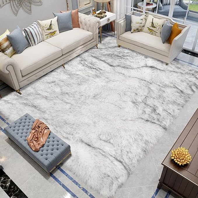Latepis Area Rugs 9x12 Living Room Alfombras para Salas White with Grey Tips Faux Sheepskin Fur Rug for Bedroom Entertainment Room Home Décor, Rectangle
