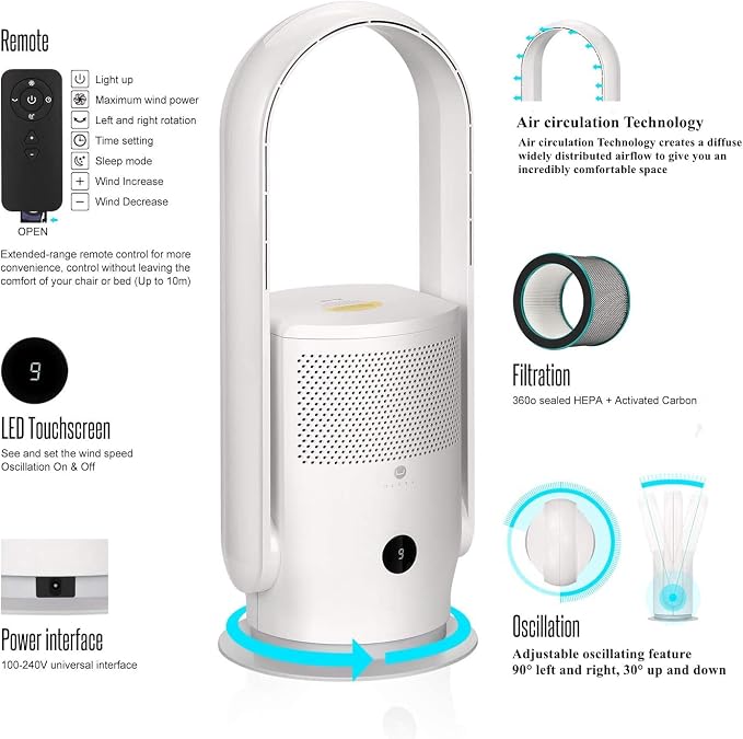 ULTTY Bladeless Tower Fan and Air Purifier Combo, 23.5" Quiet Oscillating Fan - Image 4