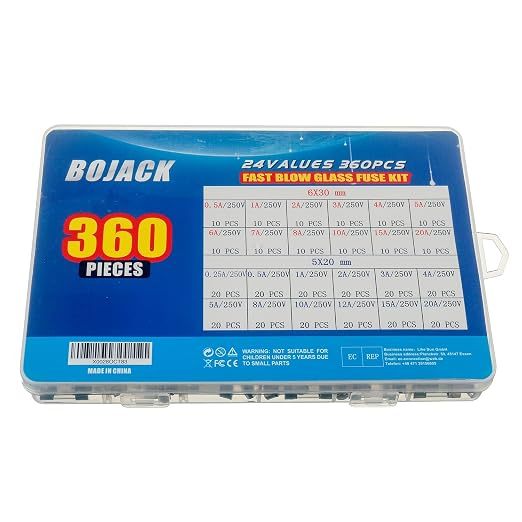 BOJACK 24 Values 360 pcs Fast-Blow Glass Fuses Assortment Kit 5x20mm 250V 0.25 - Image 3