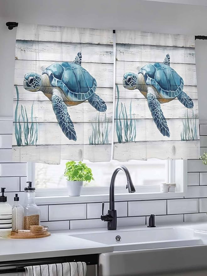 Sheer Curtains 45 Inch Length, Sea Turtle Blue Semi Sheer Curtains Light - Image 5