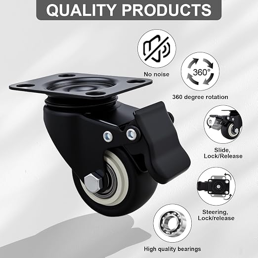 2 Inch Caster Wheels, with Brake, No Noise Locking Polyurethane Wheels - Image 3