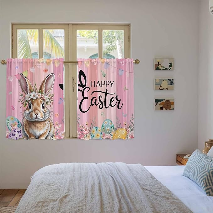 Easter Kitchen Curtains, Spring Rabbit Eggs Flowers Flags Leaves Wood Grain - Image 4