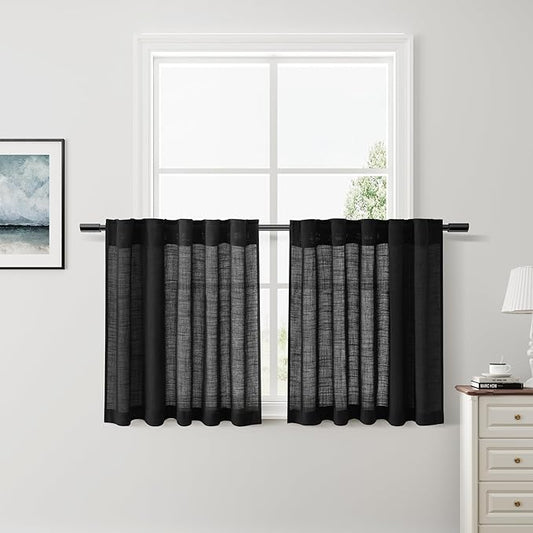 Nanspring Black Linen Curtains 24 Inch Length for Kitchen Small Windows Privacy Front Door Back Tab and Rod Pocket Drapes for Cafe Camper Small Curtains, 30 x 24 Inch,2 Panels