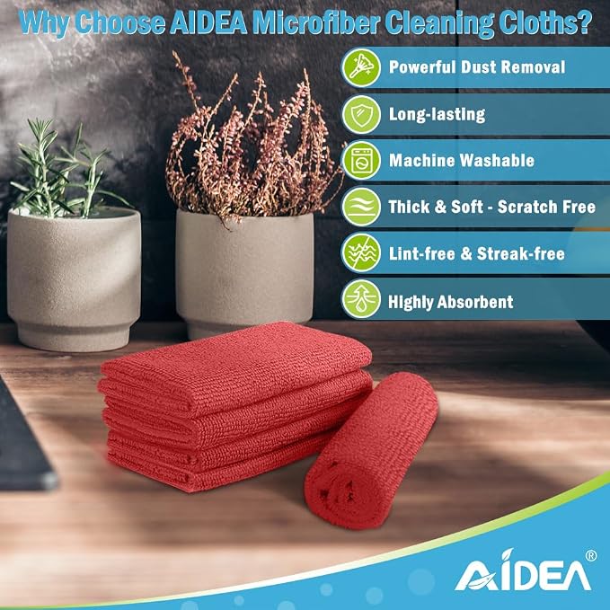 AIDEA Microfiber Cleaning Cloth Red-100PK, Soft Absorbent Shop Rags, Microfiber - Image 2