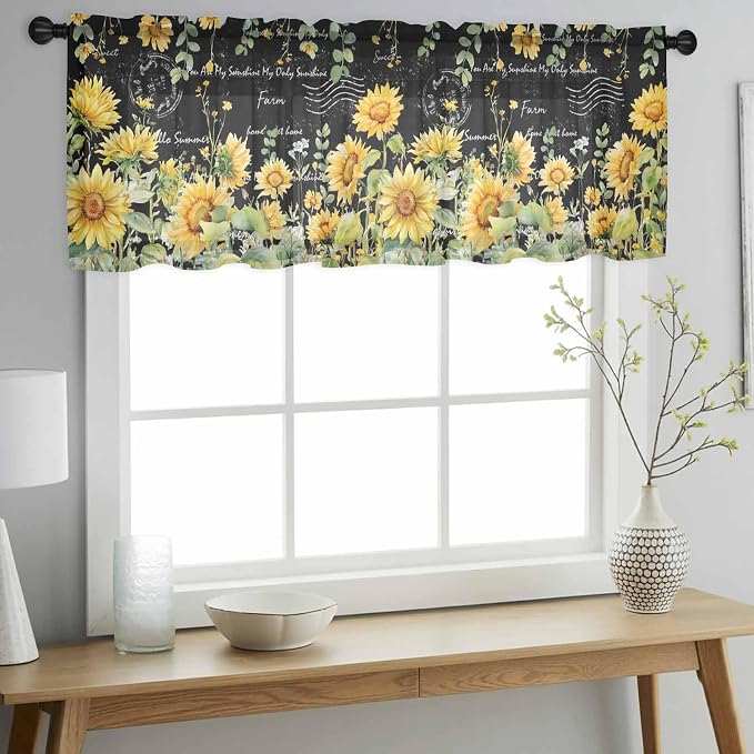 Summer Floral Sheer Valance Curtains, Watercolor Sunflower Eucalyptus Leaves - Image 3