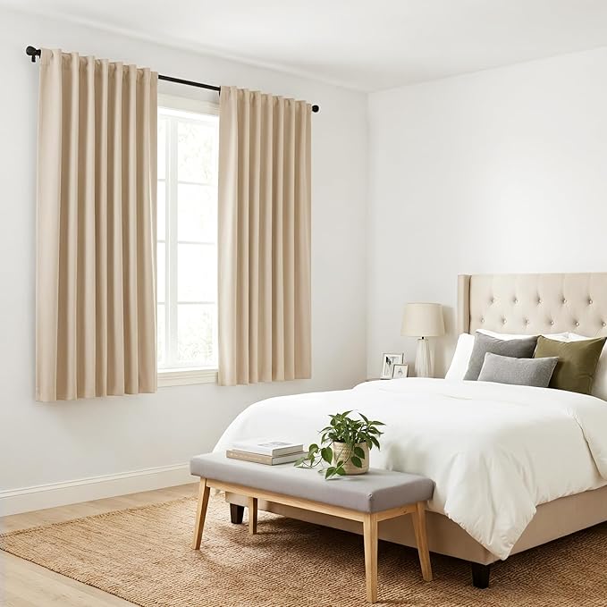PONY DANCE Beige Blackout Curtains - Kitchen Window Drapes Short Heavy-Duty Soft Rod Pocket Curtain Draperies/Window Treatments for Nursery Bedroom, W 42 x L 30 Inches, Biscotti Beige, 2 Panels