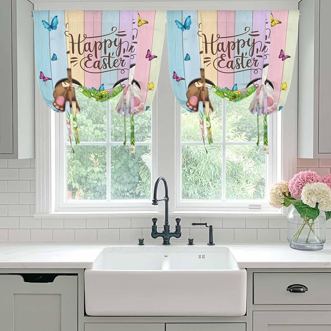 Tie Up Curtains, Happy Easter Rabbit Butt Egg on Daisy Leaf Adjustable Rod - Image 5
