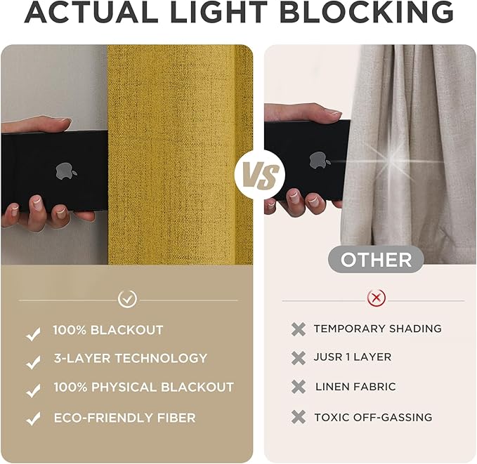 Joydeco Blackout Curtains for Bedroom - 100% Light Blocking 2 Panels Set Yellow Drapes 66" W x 96" L, Thermal Insulated Room Darkening Curtains, Linen Textured for Living Room, Rod Pocket & Back Tabs