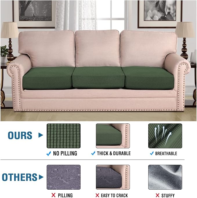 H.VERSAILTEX Super Stretch Couch Cushion Covers Sofa Cushion Slipcovers Jacquard Fabric Individual Seat Couch Slipcover Sets for Pets with Elastic Bottom(3 Packs Cushion Sofa Covers, Bronze Green)