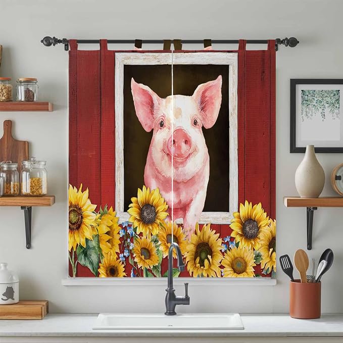 Pigs Sunflowers Bedroom Curtains 72 Inch Length, Window Curtains Tab Top - Image 3