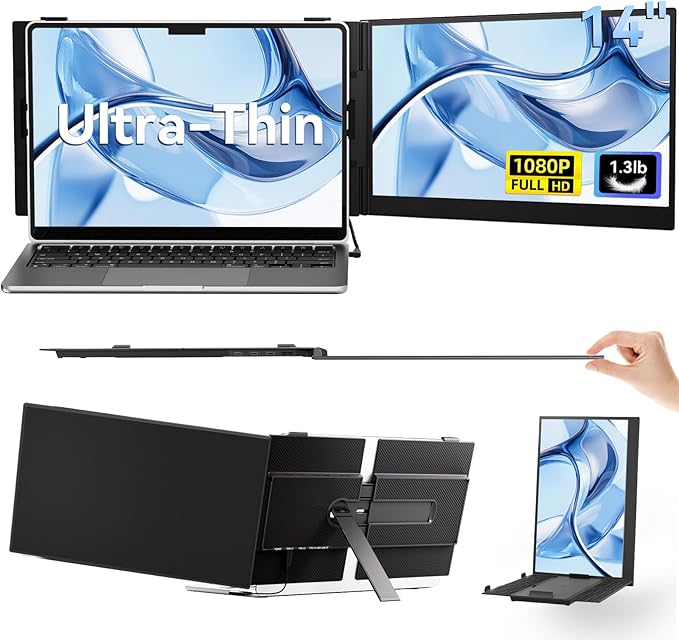 14" Laptop Screen Extender, Ultra-Thin Ligthweight FHD 1080P IPS Portable by BKVOO