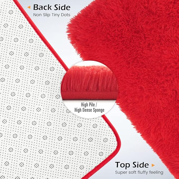 Amearea Shag Fluffy Small Rug, 2x4 Feet Throw Rugs for Bedroom Girls Living Room, Extra Soft and Fuzzy Shaggy Carpet, Non Slip, Solid Color Nursery Home Floor Decor Carpets, Red