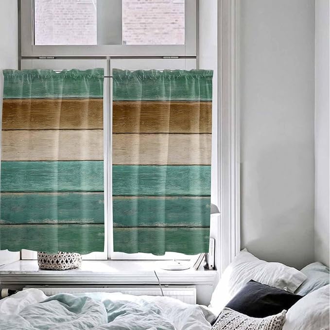Vintage Plank Turquoise Brown Window Valance Curtains, Farmhouse Wood Grain - Image 8