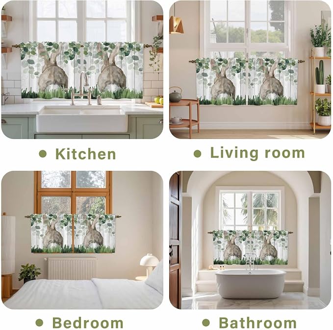 Easter Tier Curtains, Country Rabbit Botanical Leaves Wooden Grain Light - Image 8