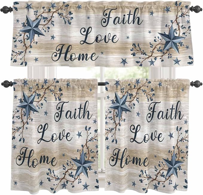 Kitchen Curtains Tiers and Valance Set of 3, Vintage Country Light Filtering by Anzona