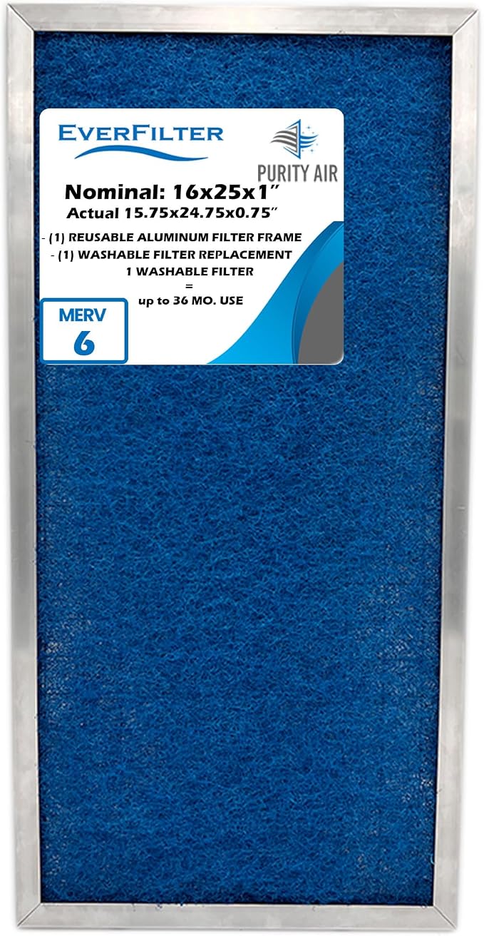16x25x1 Air Filter MERV 6 Washable Air Filter Media, AC Furnace Filter by PurityAir