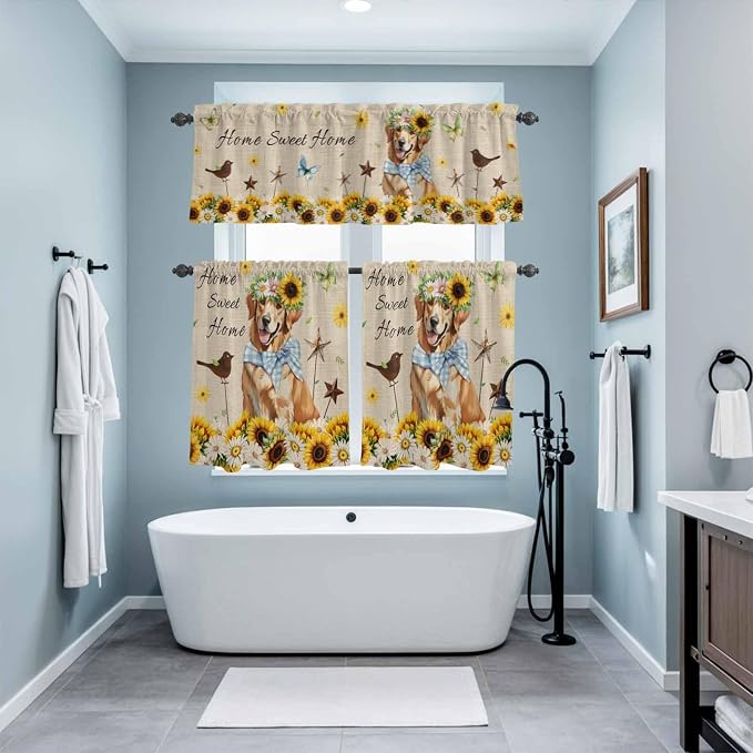 Kitchen Curtains Tiers and Valance Set of 3, Sunflowers Dog Light Filtering - Image 9
