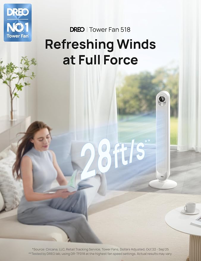 DREO Tower Fan for Bedroom, 28 ft/s, 20dB Quiet Oscillating Bladeless Fan - Image 2