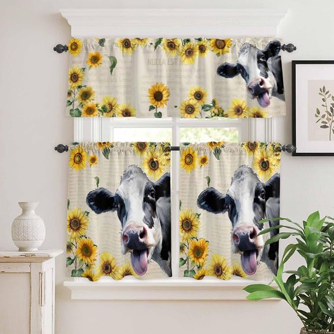 Kitchen Curtains Tiers and Valance Set of 3, Cow Sunflowers Light Filtering - Image 2