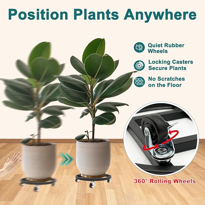 2 Pack Metal Plant Caddy with Wheels, Plant Stand with 360° Lockable Casters - Image 3