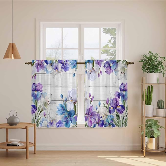 Spring Flowers Kitchen Curtains, Watercolor Garden Florals Wooden Grain Light - Image 3