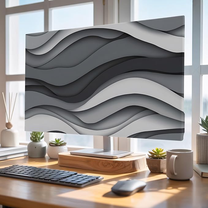 Black Grey White Abstract Waves Indoor TV Cover, Elastic TV Screen Protector - Image 4