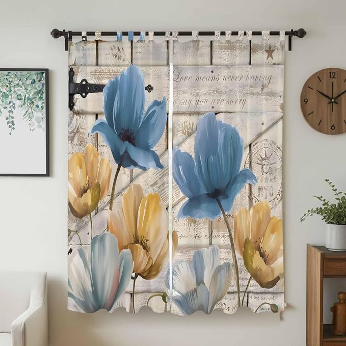 Blue Yellow Tulips Living Room Curtains 96 Inch Length, Window Curtains Tab Top - Image 2