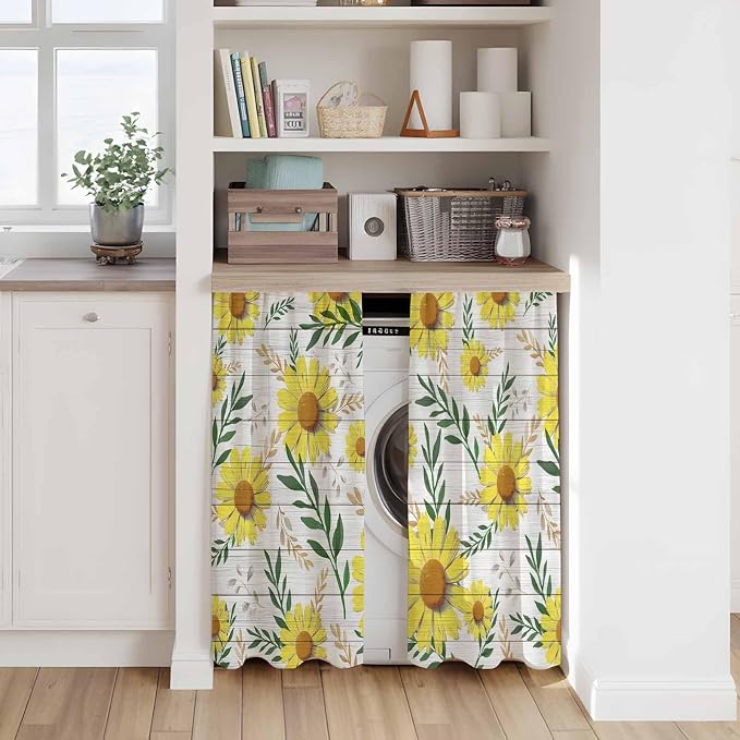 Yellow Daisy Kitchen Curtains, Farmhouse Country Flower Leaf Plant Wood Grain - Image 7