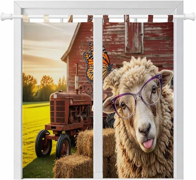 Farm Sheep Bathroom Curtains 63 Inch Length, Window Curtains Tab Top, Farmhouse by Unknown