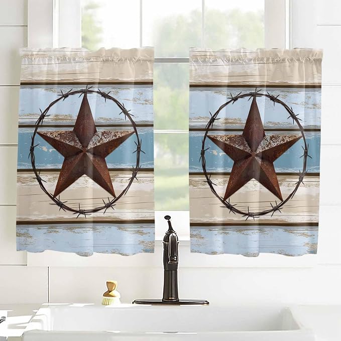 Vintage Western Star on Wood Grain Window Valance Curtains, Retro Wooden - Image 4