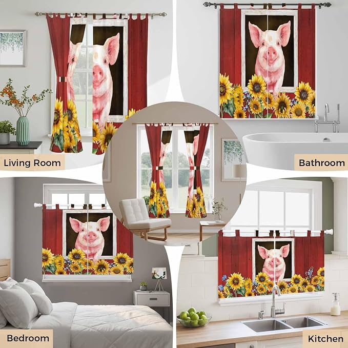 Pigs Sunflowers Bedroom Curtains 72 Inch Length, Window Curtains Tab Top - Image 7